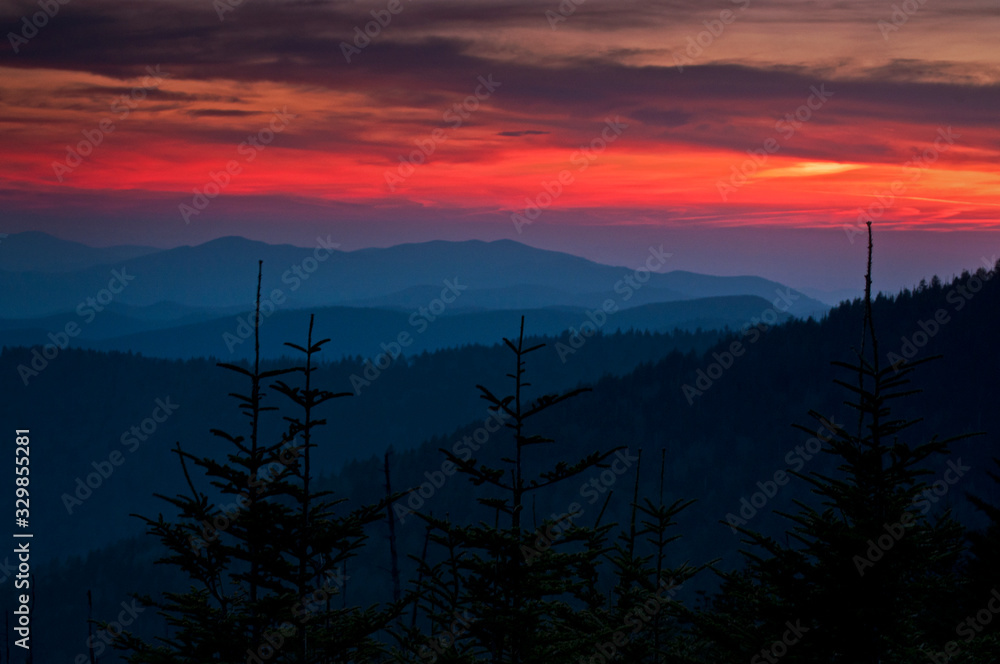 Sunset over the Smoky Mountains viewed from Clingman's Dome in Great Smoky Mountains National Park. Sunset over the Smoky Mountains viewed from Clingman's Dome in Great Smoky Mountains National Park.