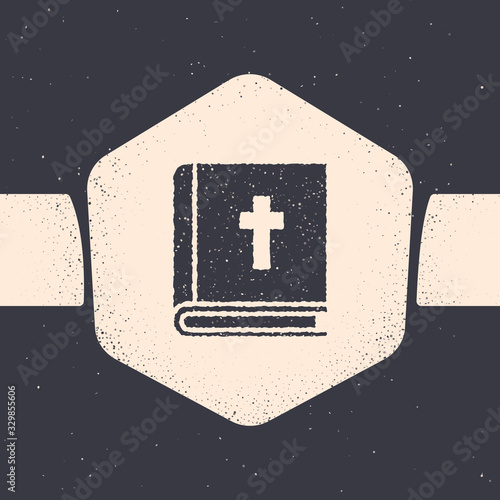 Grunge Holy bible book icon isolated on grey background. Monochrome vintage drawing. Vector Illustration