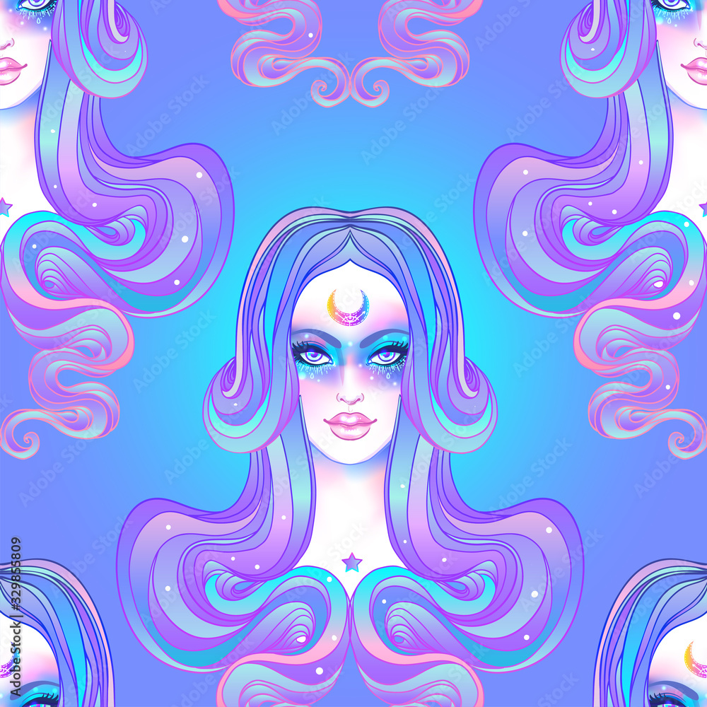 Cute girl with galaxy make up, dyed purple hair and stars, constellations. Seamless pattern. Art nouveau inspired. Hipster, pastel goth, vibrant colors. Vector zodiac illustration. Cute girl with galaxy make up, dyed purple hair and stars, constellations. Seamless pattern. Art nouveau inspired. Hipster, pastel goth, vibrant colors. Vector zodiac illustration.