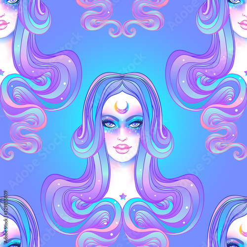 Cute girl with galaxy make up, dyed purple hair and stars, constellations. Seamless pattern. Art nouveau inspired. Hipster, pastel goth, vibrant colors. Vector zodiac illustration.