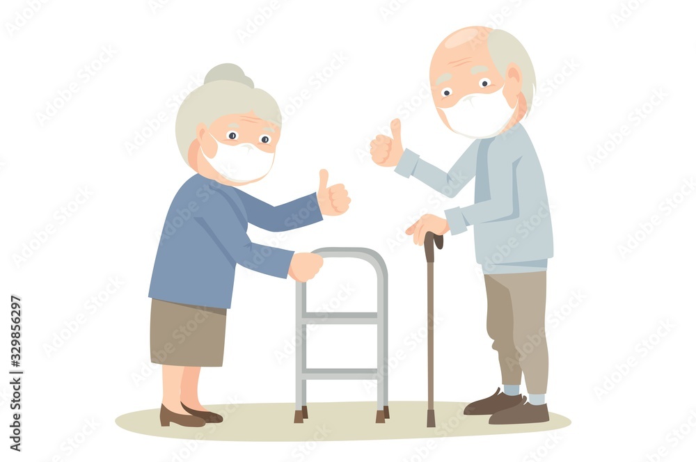 Obraz premium Grandmother and Grandfather in protective masks / Elderly men and women protected against viruses, vector illustration.