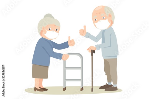 Grandmother and Grandfather in protective masks / Elderly men and women protected against viruses, vector illustration.