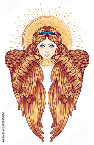 Sirin, Alkonost, Gamayun mythological creature of Russian legends. Angel girl with wings. Isolated hand drawn vector illustration. Trendy Vintage style element. Spirituality, occultism, alchemy, magic photo