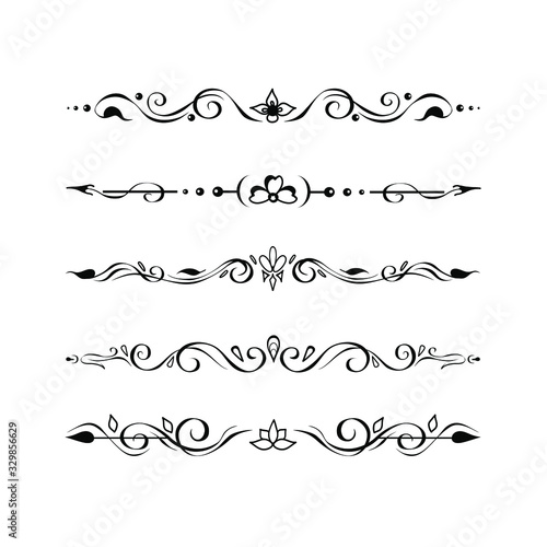 Ornate retro text delimiters, paragraph dividers, page footer decoration lines, borders, vignettes. Set of hand-drawn symmetric romantic elements in oriental mehendi style on white for prints, design