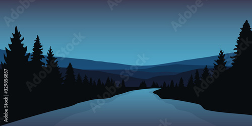 beautiful big river in a forest blue winter landscape vector illustration EPS10