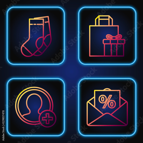 Set line Envelope with an interest discount, Create account screen, Socks and Gift box. Gradient color icons. Vector