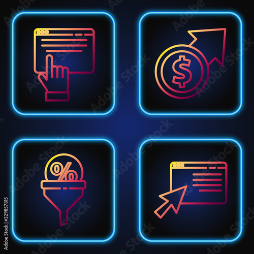 Set line Online shopping on screen, Lead management, Online shopping on screen and Financial growth and coin. Gradient color icons. Vector