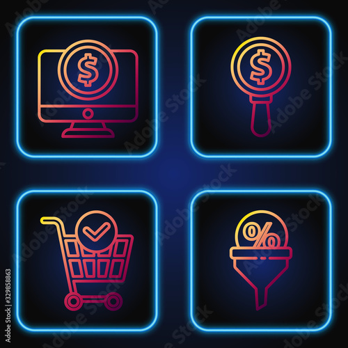 Set line Lead management, Shopping cart with check mark, Computer monitor with dollar and Magnifying glass and dollar. Gradient color icons. Vector