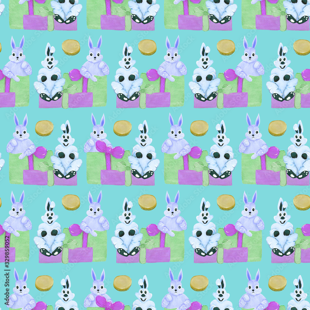 easter bunnies with colorful gift boxes, seamless pattern