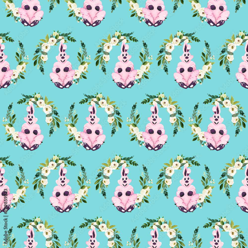 white rose boho frame and easter bunny, seamless pattern white rose boho frame and easter bunny, seamless pattern