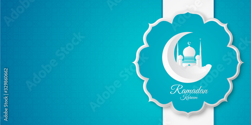 Ramadan Kareem background vector illustration. Islamic background with mosque decoration in blue white color. Suit for greeting card islamic design background, presentation design, banner, sale banner