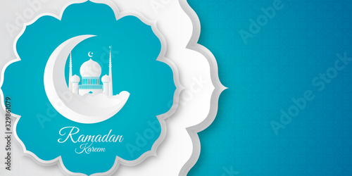 Ramadan Kareem background vector illustration. Islamic background with mosque decoration in blue white color. Suit for greeting card islamic design background, presentation design, banner, sale banner