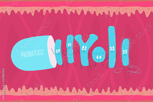 Types of probiotics on the background of the intestine. The capsule with the probiotics. Vector illustration.