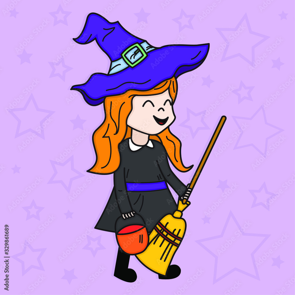 WITCH WITH BROOM, SLOGAN PRINT VECTOR
