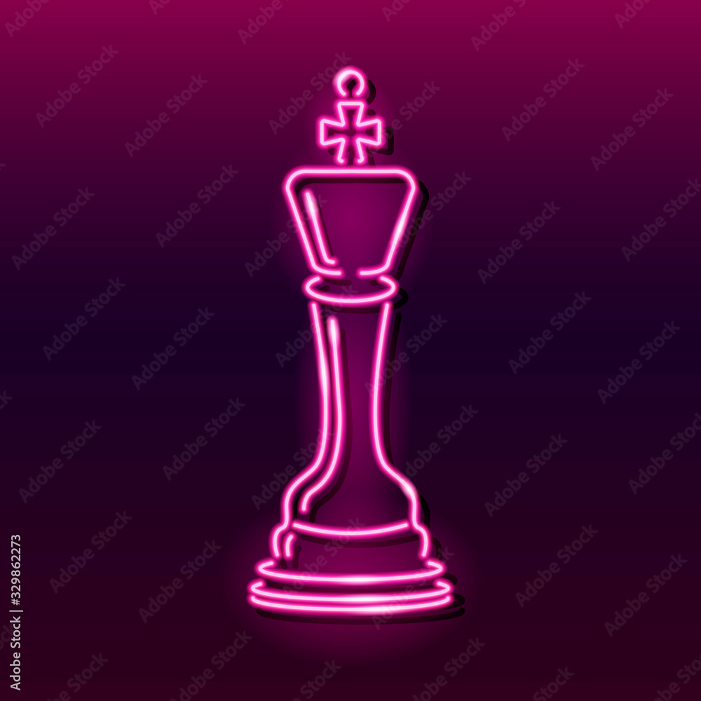 Neon icon of chess king on dark gradient background. Board game, strategy, leadership concept. Vector 10 EPS illustration.