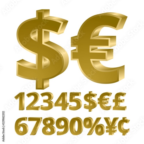 Three-dimensional golden figures currency. 3d font. Vector illustration.