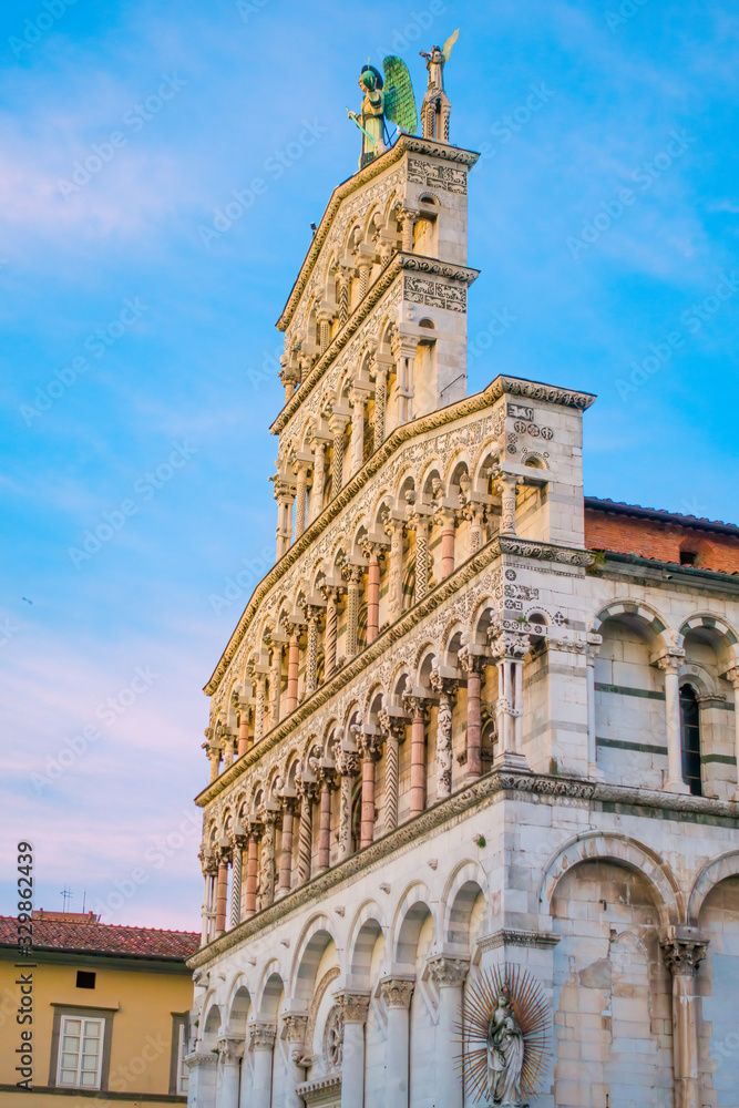 Lucca, Tuscany IT: The cathedral of San Michele in Foro at sunset. Famous for its intact Renaissance-era city walls. Piazza San Michele