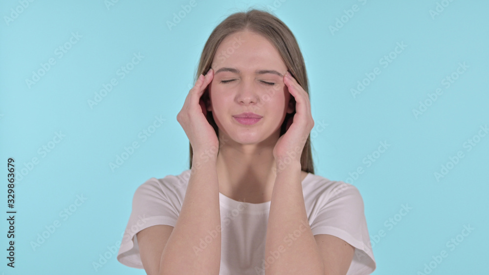 Tired Beautiful Young Woman Having Headache, Blue Background Tired Beautiful Young Woman Having Headache, Blue Background