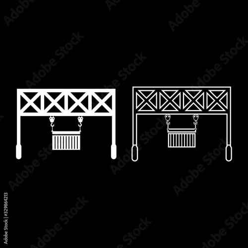 Port loader Railway crane with cargo container Lifting goods Logistic technology Terminal service icon outline set white color vector illustration flat style image