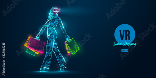 VR online shopping. Polygonal woman, girl wearing virtual reality glasses. Beautiful happy woman is walking with a shopping bags, buy a goods in one click. VR headset holographic wireframe vector