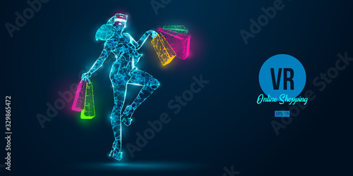 VR online shopping. Polygonal woman, girl wearing virtual reality glasses. Beautiful happy woman is jumping with a shopping bags, buy a goods in one click. VR headset holographic wireframe vector