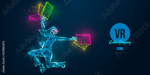 VR online shopping. Polygonal woman, girl wearing virtual reality glasses. Beautiful happy woman is jumping with a shopping bags, buy a goods in one click. VR headset holographic wireframe vector © matrosovv