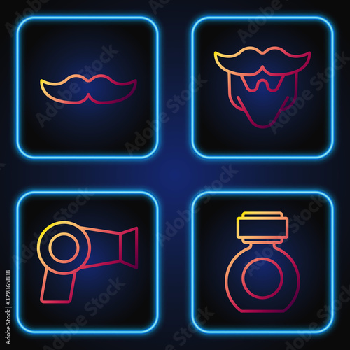 Set line Aftershave, Hair dryer, Mustache and Mustache and beard. Gradient color icons. Vector