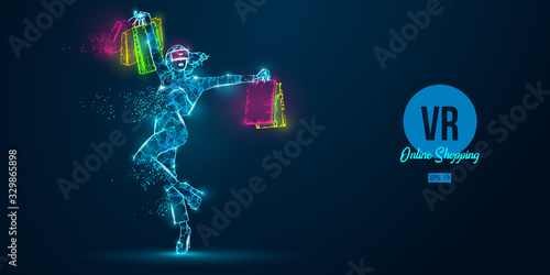 VR online shopping. Polygonal woman, girl wearing virtual reality glasses. Beautiful happy woman is jumping with a shopping bags, buy a goods in one click. VR headset holographic wireframe vector