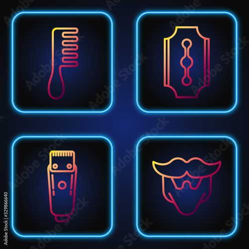 Set line Mustache and beard, Electrical hair clipper or shaver, Hairbrush and Blade razor. Gradient color icons. Vector