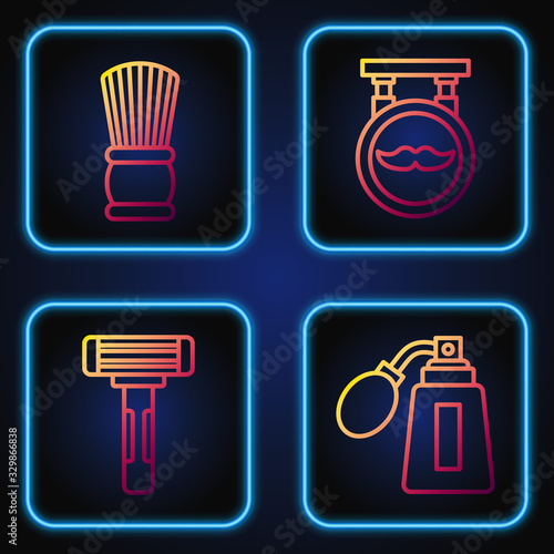 Set line Aftershave bottle with atomizer, Shaving razor, Shaving brush and Barbershop. Gradient color icons. Vector