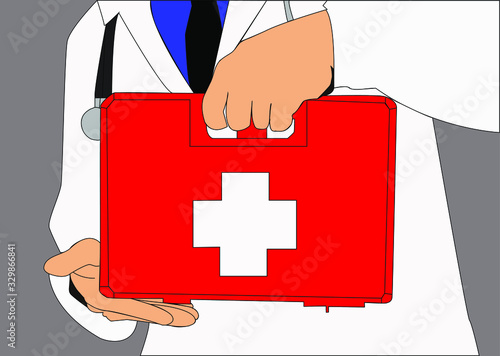 el cuerpo de un doctor con bata blanca, sosteniendo un botiquín de primeros auxilios  color rojo, con sus manos, en un fondo gris