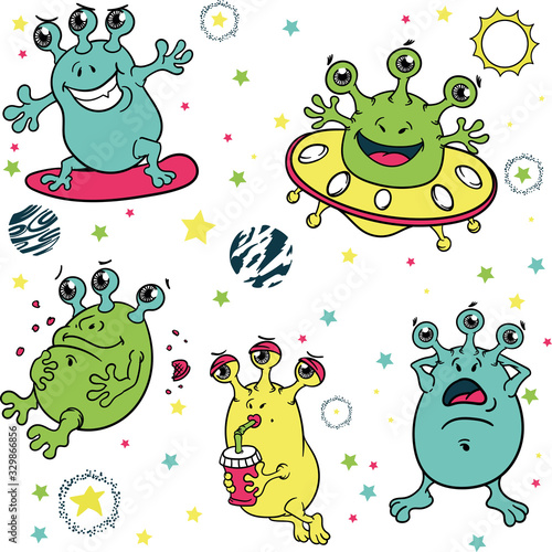 color Seamless pattern with space, stars and aliens