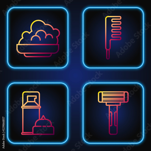 Set line Shaving razor, Shaving gel foam, Shaving gel foam and Hairbrush. Gradient color icons. Vector