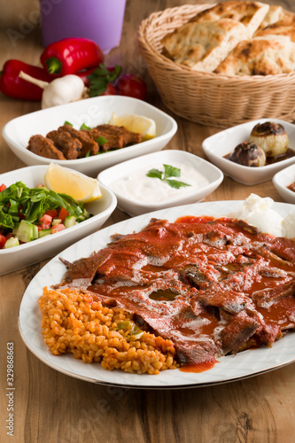 turkish iskender kebap with garnitures