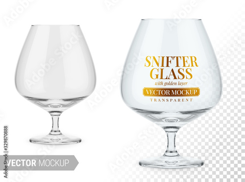 Clear brandy snifter glass template. Vector mockup.