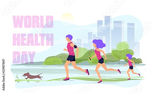 Vector illustration of friendly family running in city Park, man, woman, child and dog doing outdoor sports, flat design.World health day.
