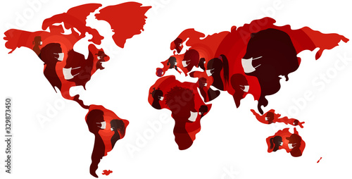 Coronavirus. World map. Group people diversity wearing medical masks. Crowd of people planning themselves from viral or bacteriological infection.Epidemic.pandemic.Contagion.Prevention