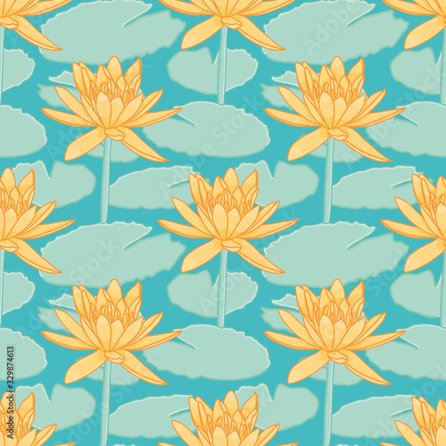 Yellow water lily seamless vector pattern. Cute botanical illustration background.