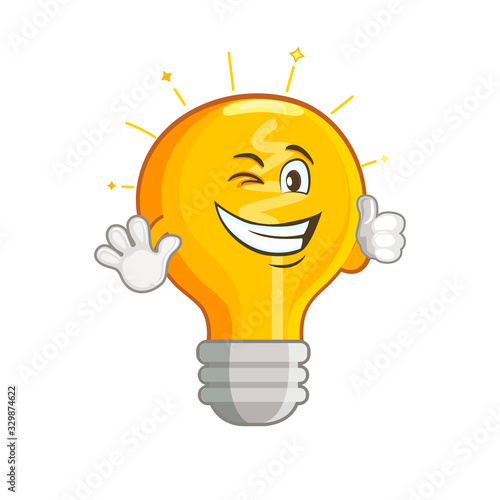 Shining yellow light bulb isolated on white background. Smiling lightbulb with funny emotion. Emoji on creative idea, inspiration symbol.Decoration for greeting cards, prints, badges, posters.Vector.