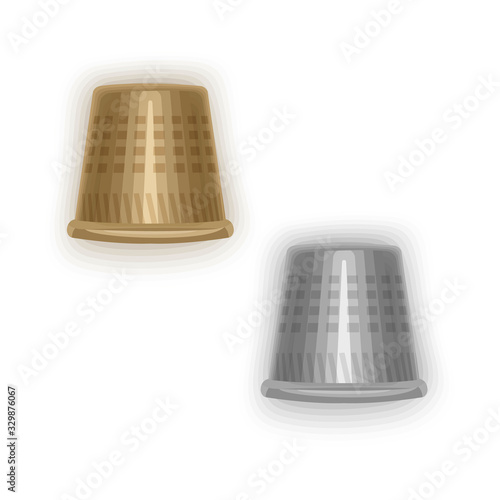 Set of isolated steel thimbles on a white background, golden and silver thimbles, Vector eps 10 format