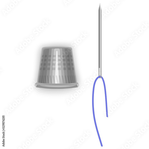 Steel thimble and needle for sewing. Vector illustration isolated on white background