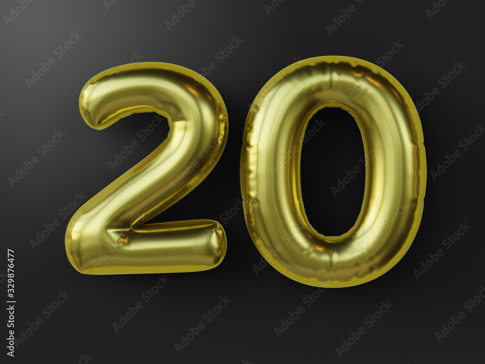 Golden balloon in shape of number 20. isolated. 3d illustration. Golden balloon in shape of number 20. isolated. 3d illustration.