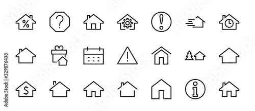 Simple set of line vector home icons. Contains house symbols at interest, infuse house and more. Editable stroke. 480x480 pixels perfect
