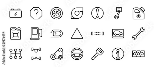 A simple set of car services related vector line icons. Contains icons such as oil, diagnostics, turbine, steering wheel, chassis, gearbox and much more. Editable move. 480x480 On a white background