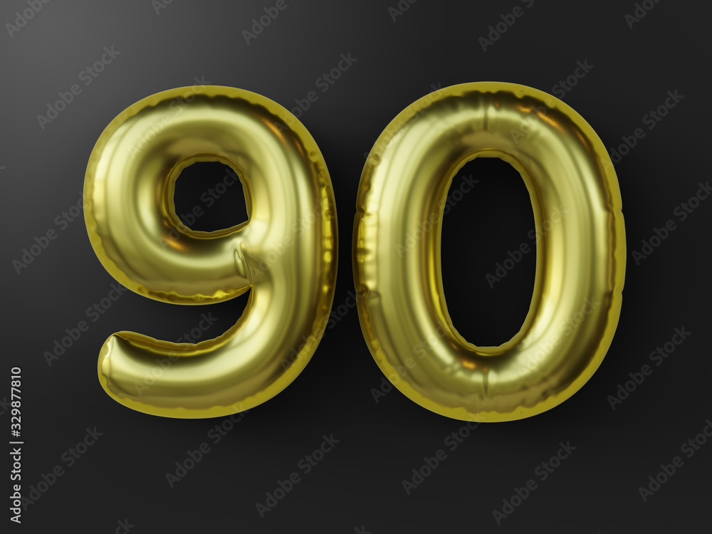 Golden balloon in shape of number 90. isolated. 3d illustration. Golden balloon in shape of number 90. isolated. 3d illustration.