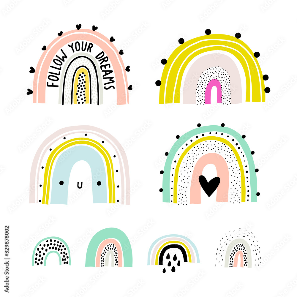 Fototapeta Rainbow set. Childish print for apparel, poster, nursery decoration. Vector rainbow print. Cute illustration for kids room. Scandinavian style.