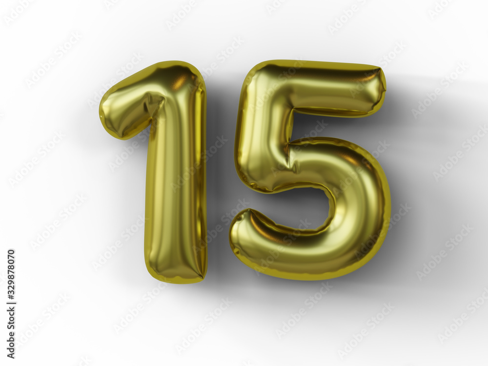 Golden balloon in shape of number 15. isolated. 3d illustration. Golden balloon in shape of number 15. isolated. 3d illustration.