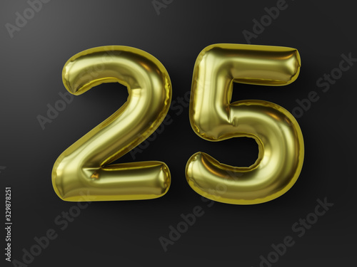 Golden balloon in shape of number 25. isolated. 3d illustration.