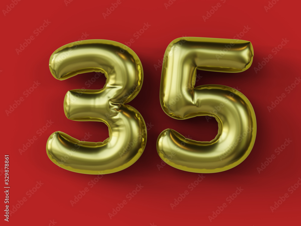 Golden balloon in shape of number 35. isolated. 3d illustration. Golden balloon in shape of number 35. isolated. 3d illustration.