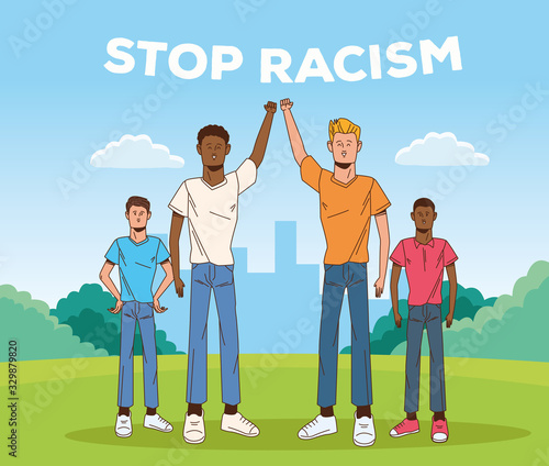 group of interracial men stop racism campaign